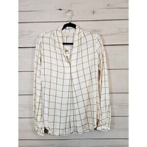 Michael Kors‎ Women's V Neck Long Sleeve Cream White Plaid Blouse M NWT